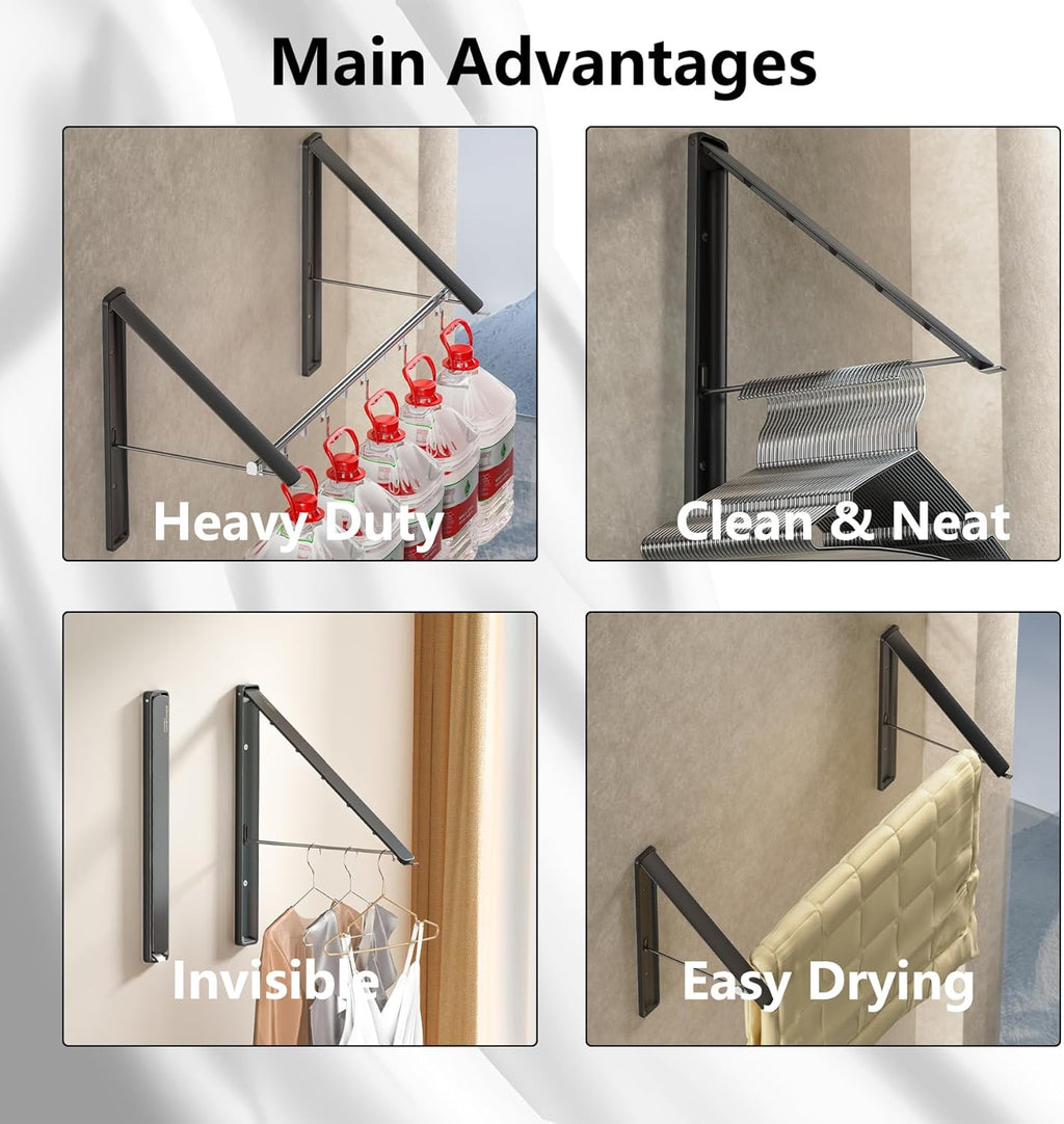 Dr.DJ Clothes Drying Rack with Rod, Wall-Mounted Retractable & Foldable Clothes Hanger for Laundry