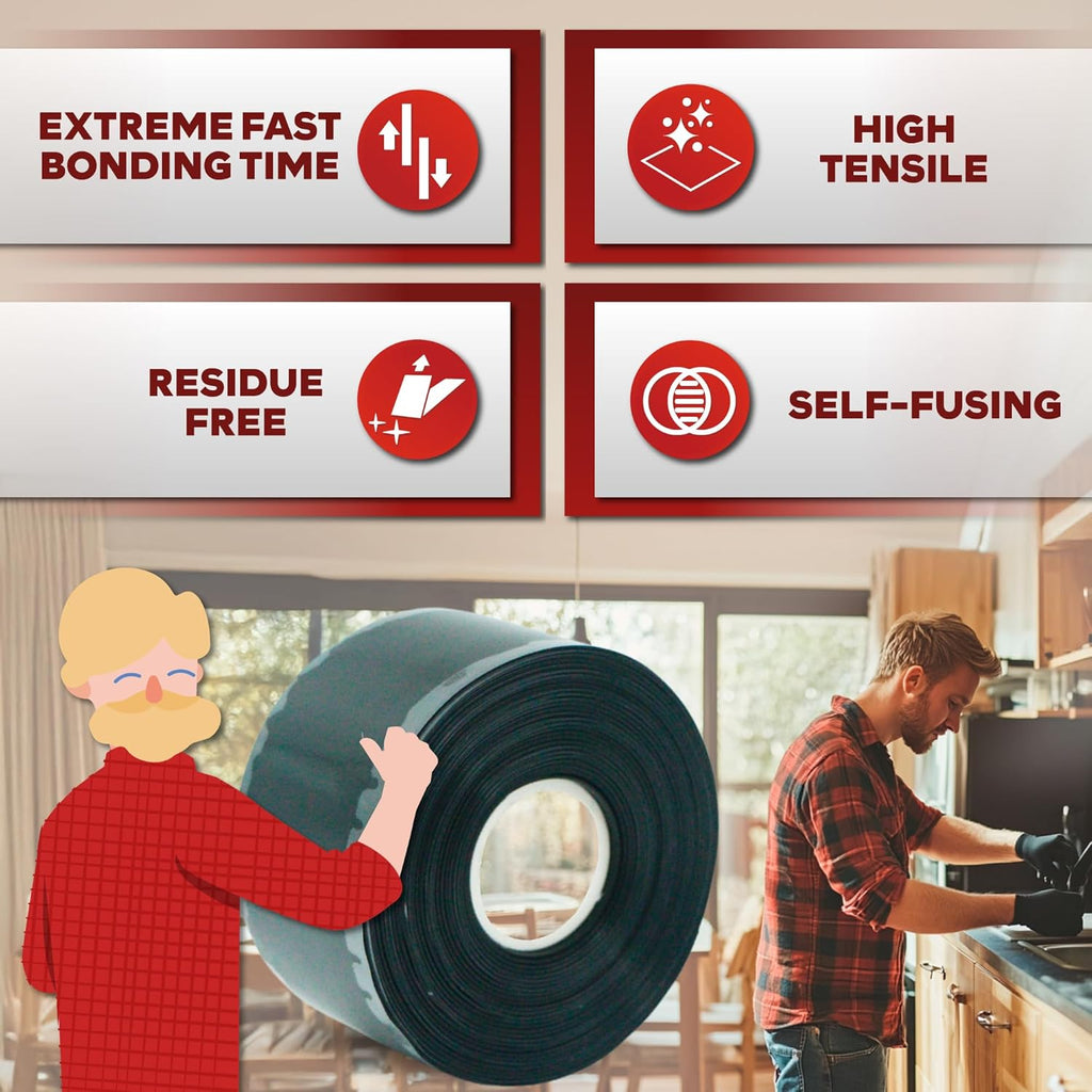 XFasten Self Fusing Silicone Tape Waterproof – 1" x 36 Feet Black, Self Amalgamating Tape, Silicone