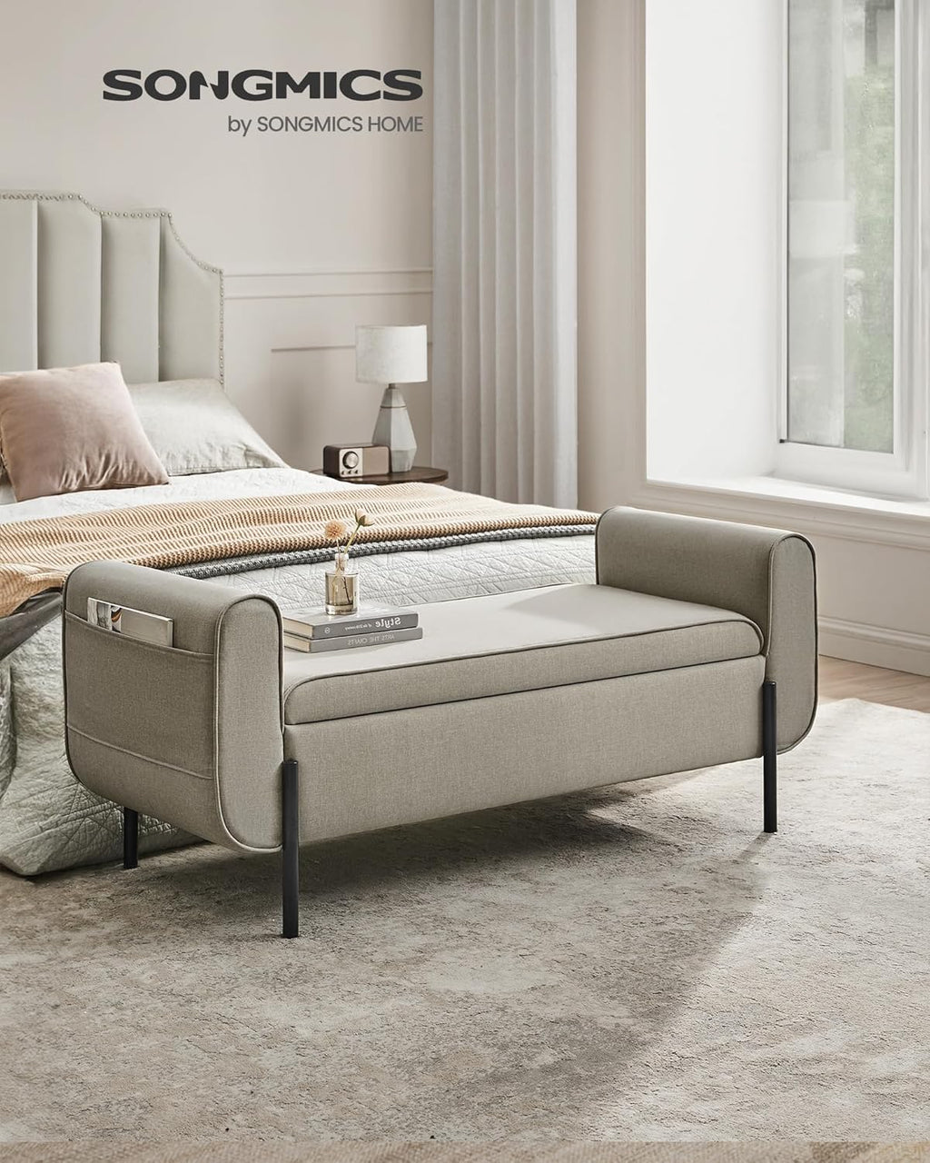 SONGMICS Storage Bench with Armrests, Ottoman with Storage for Living Room, Storage Ottoman Bench