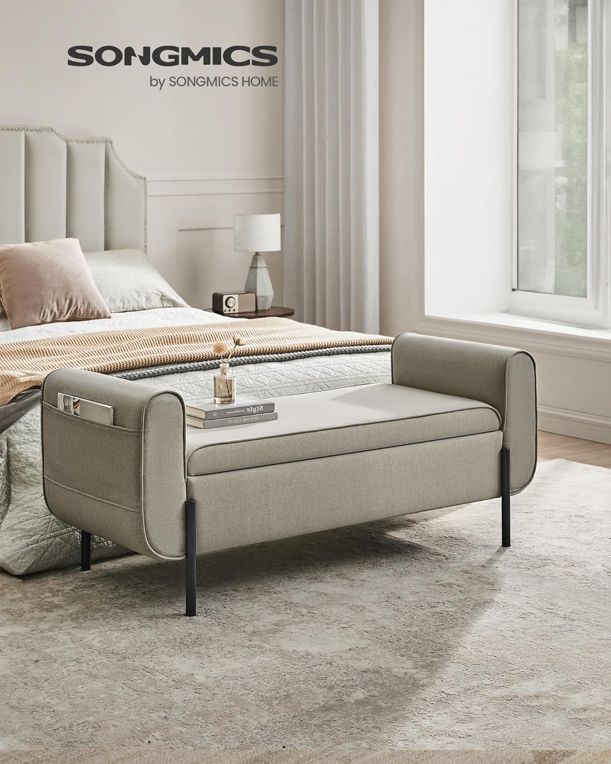 SONGMICS Storage Bench with Armrests, Ottoman with Storage for Living Room, Storage Ottoman Bench
