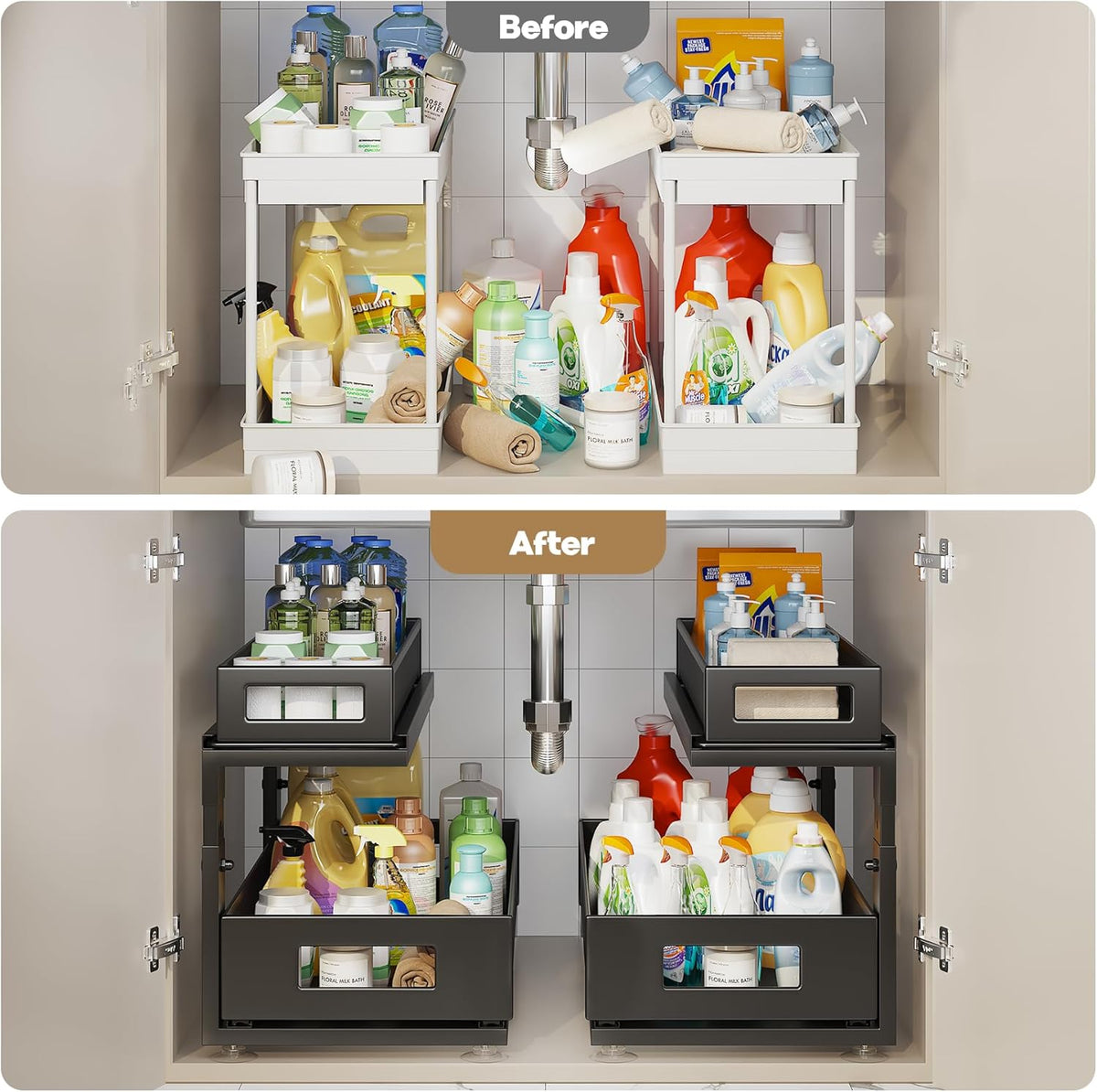 2 Pack 18.5IN-Depth Under Sink Organizer With Next-Gen Ball-Bearing Slides,2-Tier Pull Out Cabinet