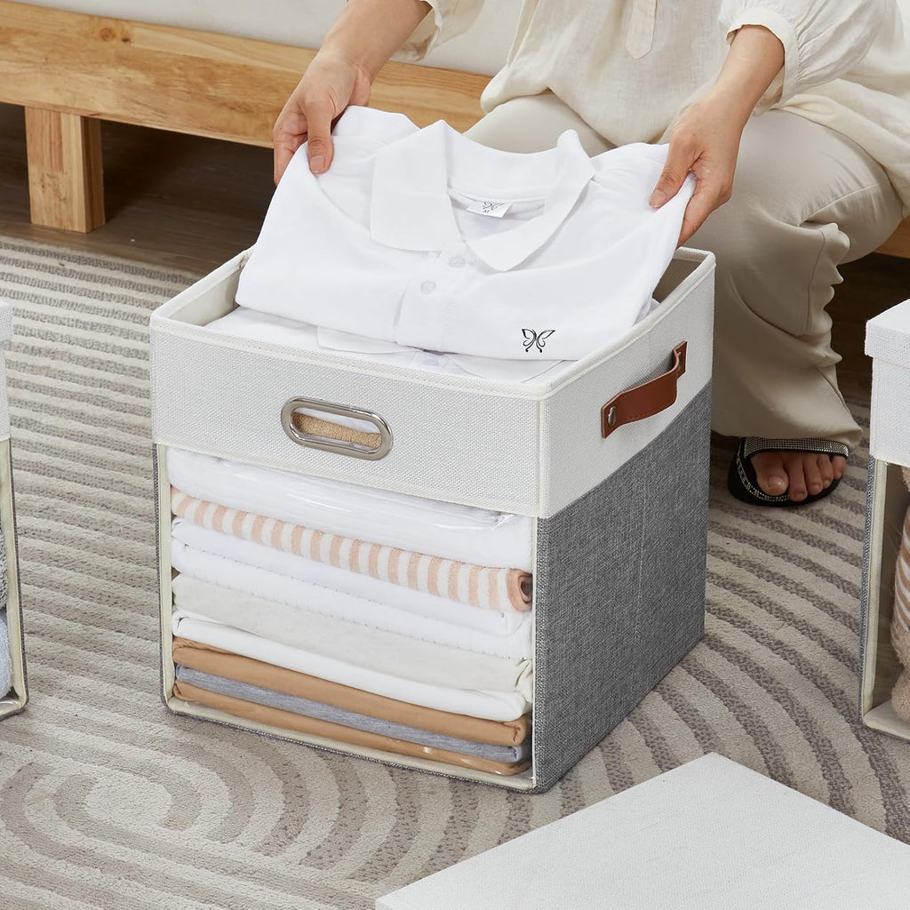 Fabric Storage Cubes with Clear Windows and Lids, 13'' Foldable Storage Bins with 3 Handles