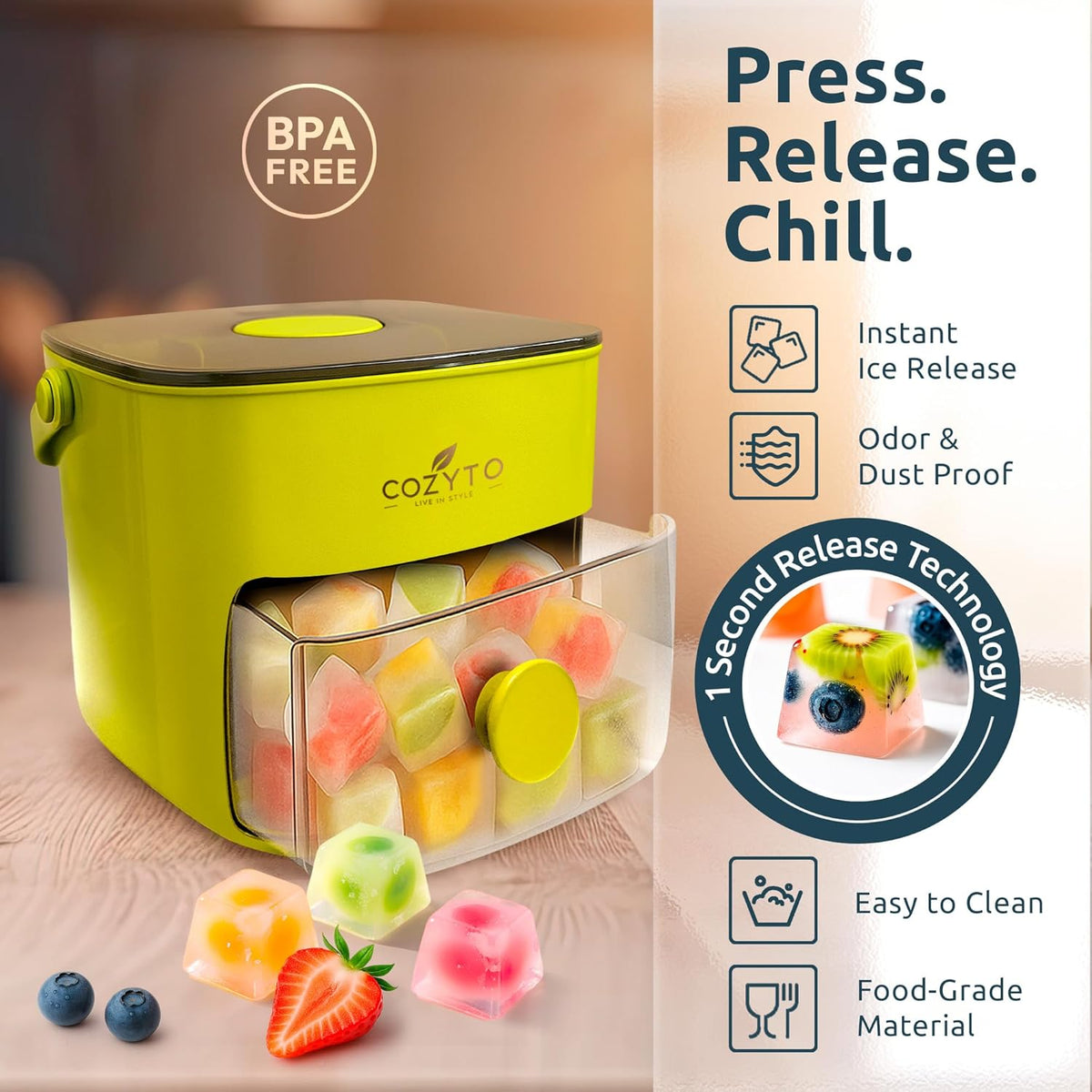 COZYTO CubeGo Ice Cube Tray with Lid and Storage Bin – One-Press Release, 48 Mini Ice Cubes