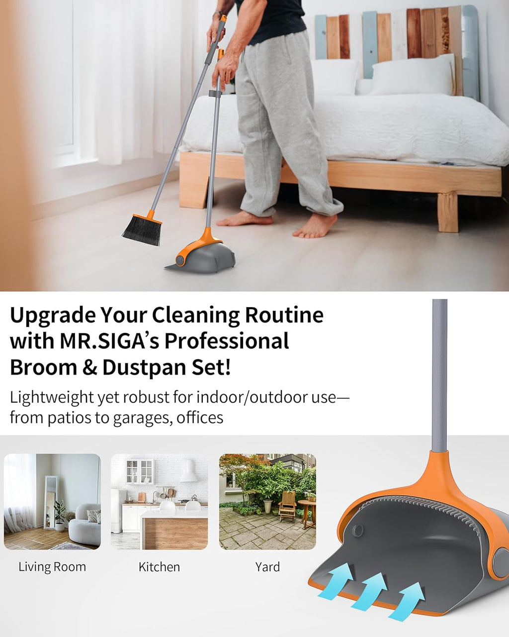 MR.SIGA Broom and Dustpan Set with Long Handle, Stand Upright Broom with Dustpan Combo for Cleaning