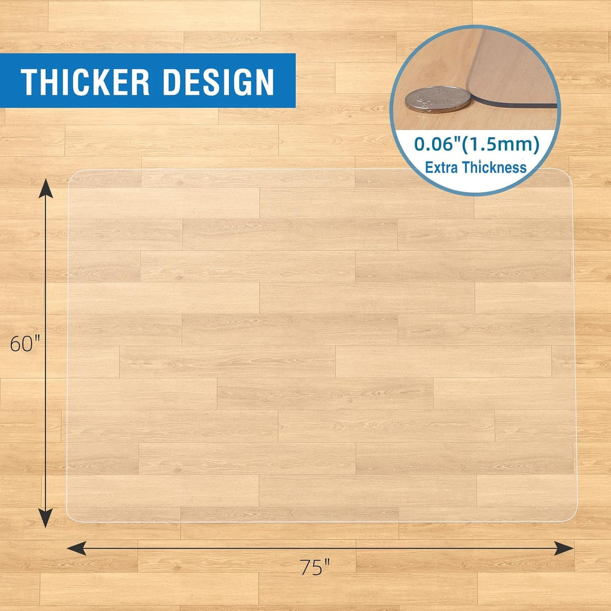Clear Chair Mat, 75" x 60" Large Chair Mat for Hard Floors, Anti-Slip Desk Mat for Rolling Chair