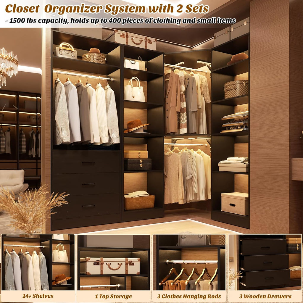 Corner Closet System with 3 Drawers, Corner Closet Organizer System with 13 Shelves & 3 Hanging