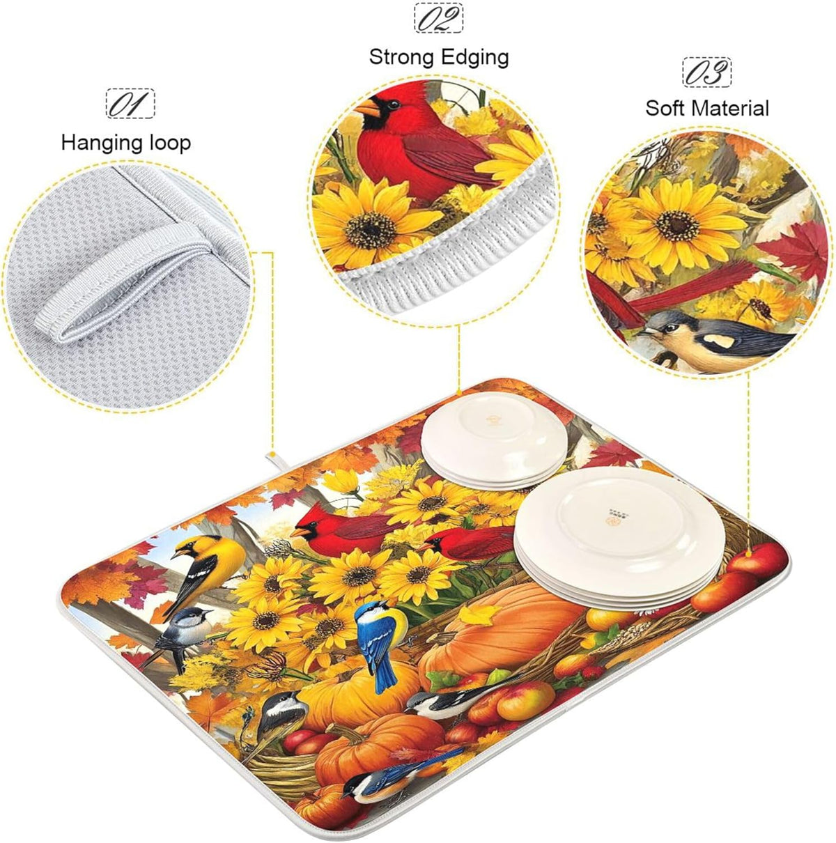 Fall Birds Dish Drying Mat for Kitchen Countertop 18x24 Autumn Pumpkin Sunflower Large Drying Mat