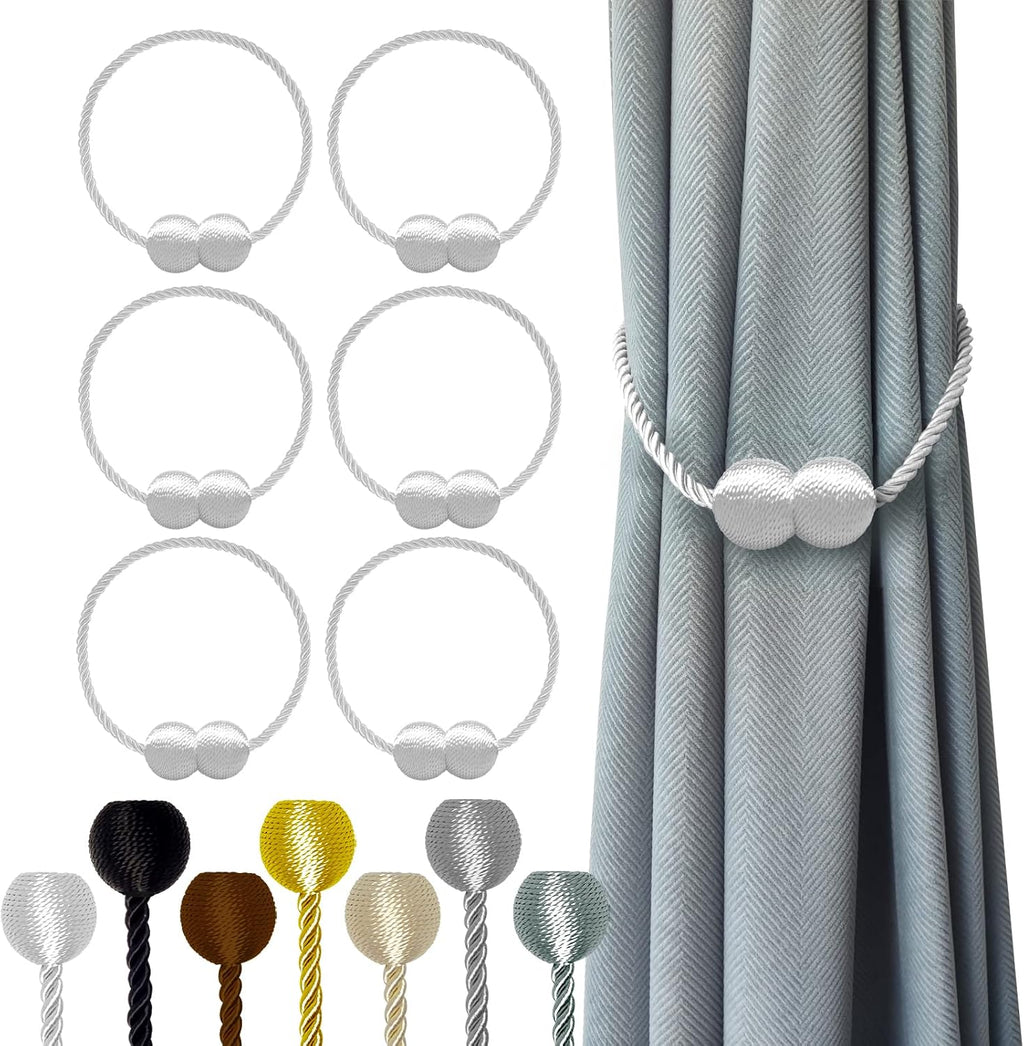 Hion Magnetic Curtain Tiebacks White 6 Pack, Curtain Tiebacks Buckles Holdbacks Holders Hooks Clip