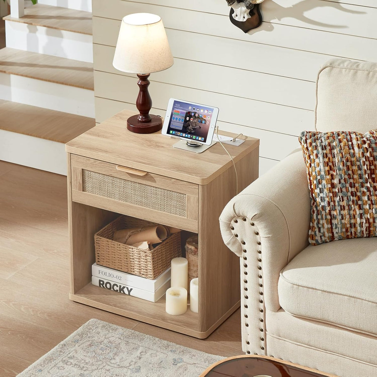 LEYAOYAO Rattan Nightstand with Charging Station, 23" Wide Boho Night Stand with Drawer, Natural