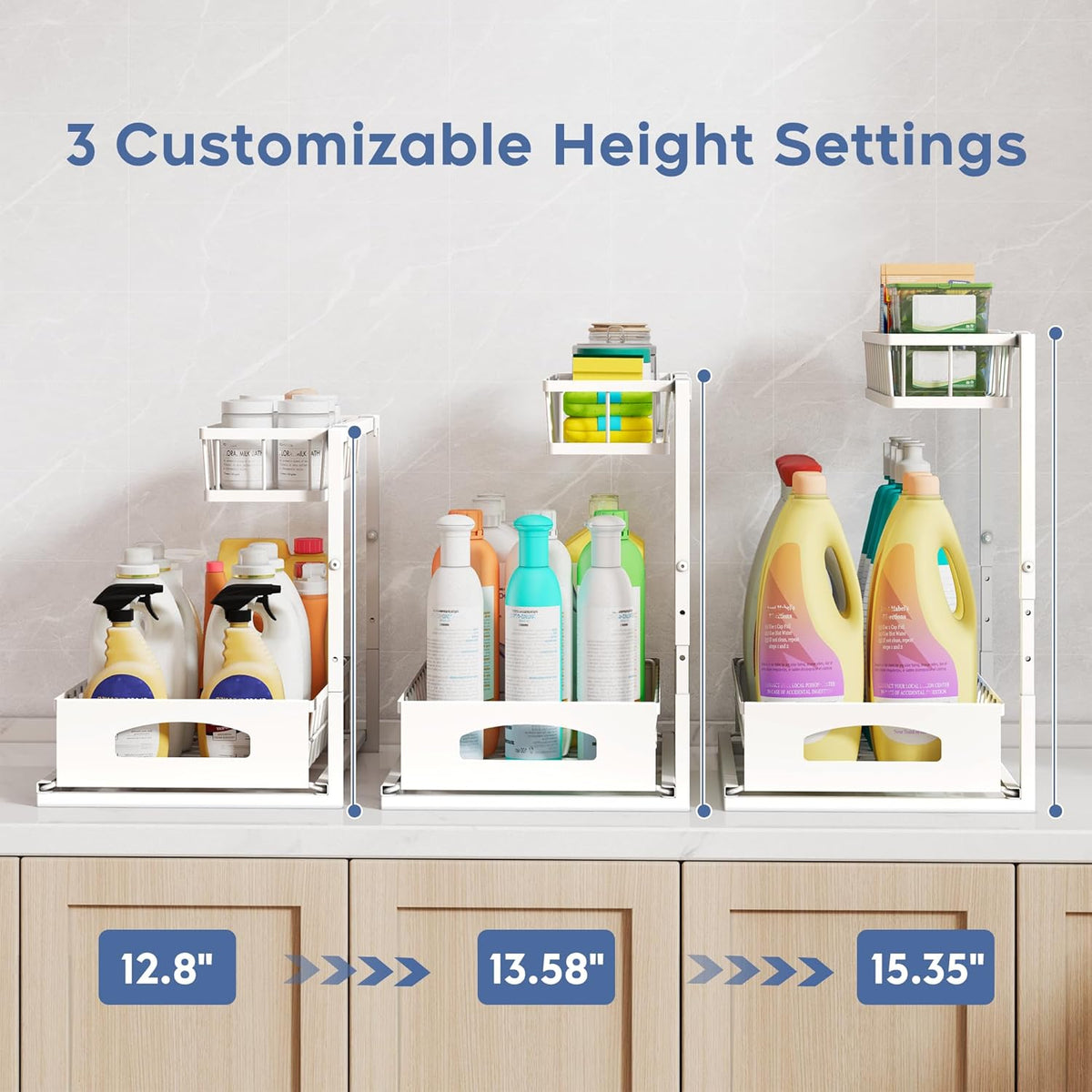 Under Sink Organizer, 2 Pack Height Adjustable Cabinet Organizer with Slide Out Drawer, Pull Out