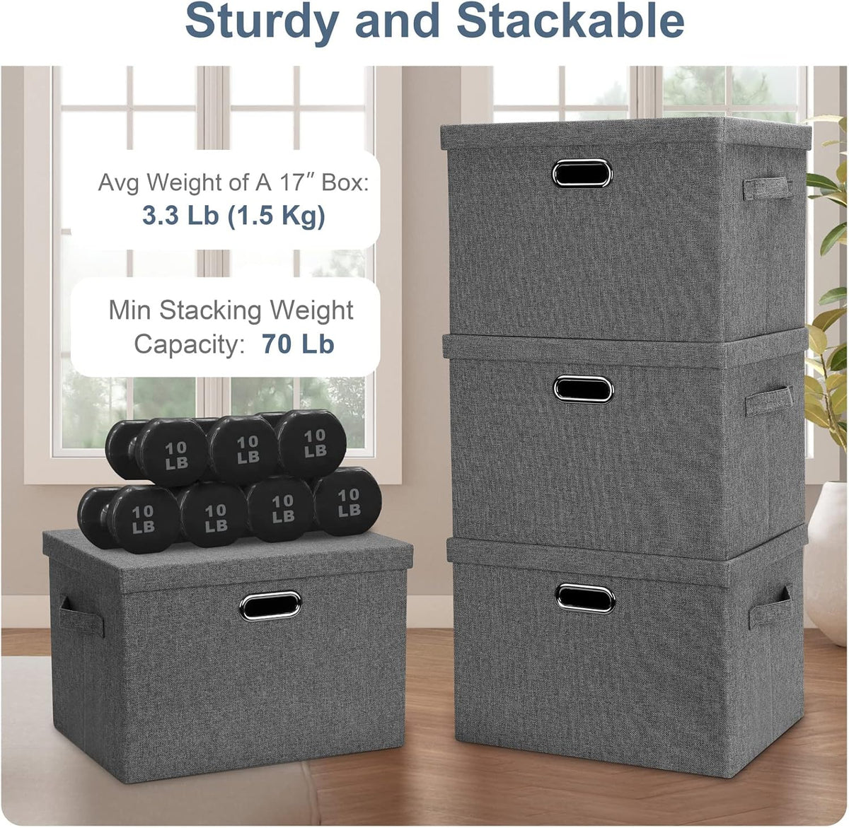 Large 17" 36 Quart Collapsible Stackable Storage Bins with Lids, 5 Packs Gray Foldable Fabric
