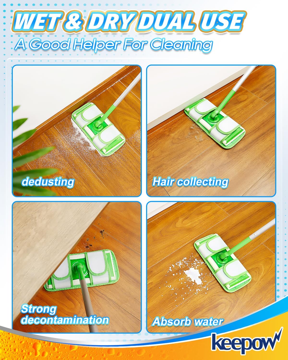 Keepow Reusable Mop Pads Refills Compatible with Swiffer Sweeper and Sweep & Mop Deluxe, Microfiber
