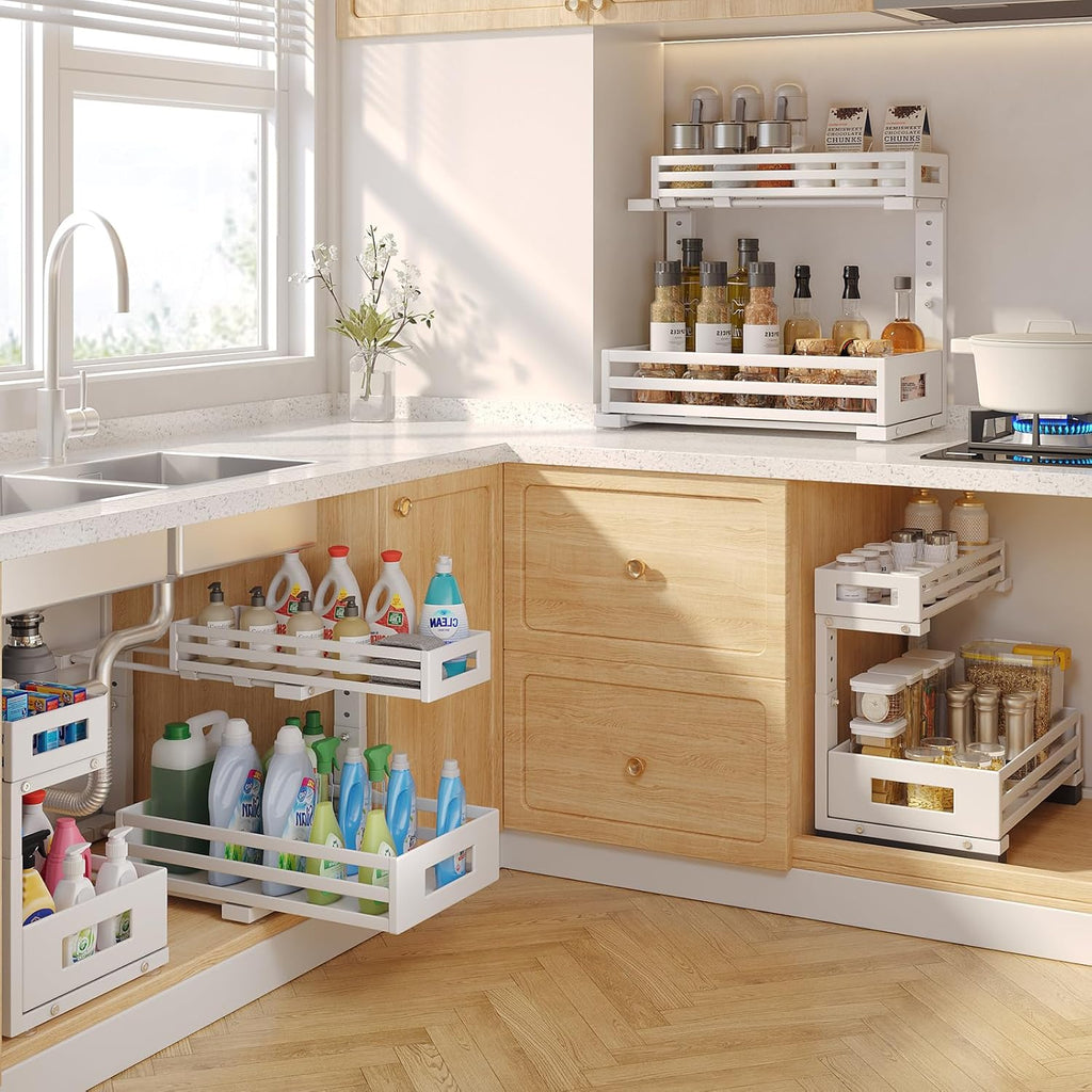 2-Pack Under Sink Organizers and Storage,2-Tier L Shape Pull Out Cabinet Organizer With Round Tube