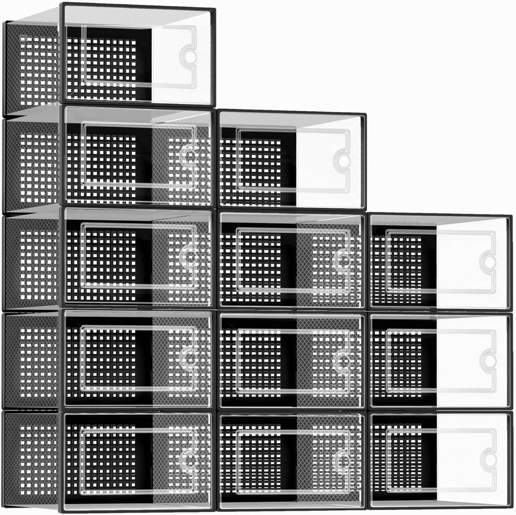 Kuject Large Shoe Organizers Storage Boxes for Closet, 12 Pack Clear Plastic Stackable Storage Bins
