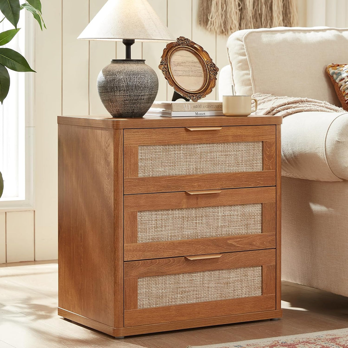 LEYAOYAO Rattan Night Stand Set of 2 with Drawers, 23" Large 3 Drawer Boho Nightstand, Natural Wood