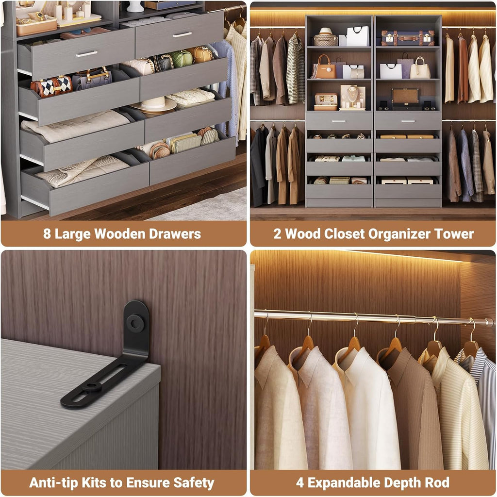 Aheaplus Closet System, 6-15Ft Closet Organizer with 8 Wooden Drawers, Wood Closet Organizer System