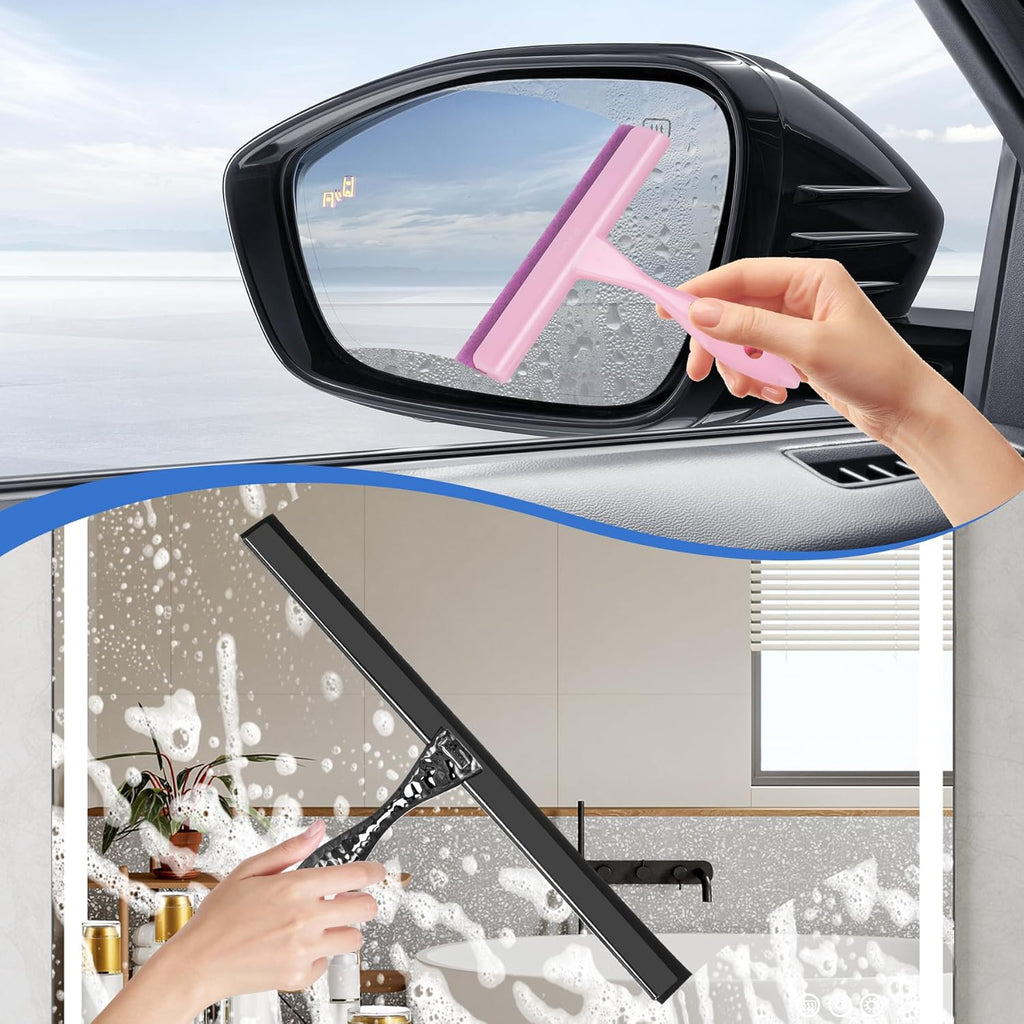 All-Purpose Silicone Shower Squeegee for Shower Glass Door,with 2 Hooks & Pink Mini Squeegee,for