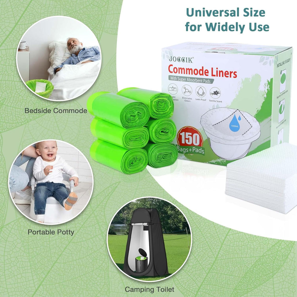 Bedside Commode Liners, 150 Bags + 150 Pads for Bedside Toilet Chair Bucket, Super Absorbent