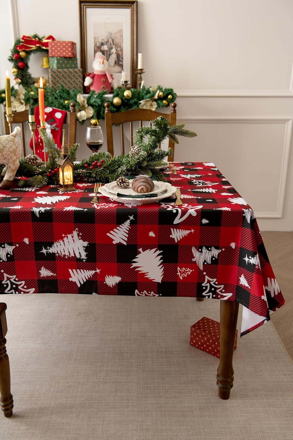 Red Gingham Plaid Christmas Tree Tablecloth - Rectangular 58x102 Inch Water Resistant Table Cloth