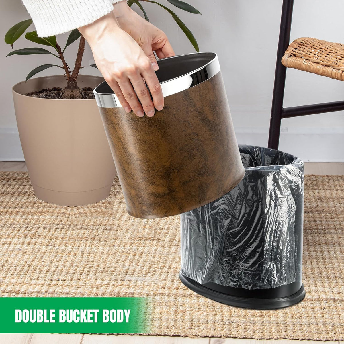 'Invisi-Overlap' Open Top Leatherette Trash Can, Small Office Wastebasket, Modern Home Décor, Oval