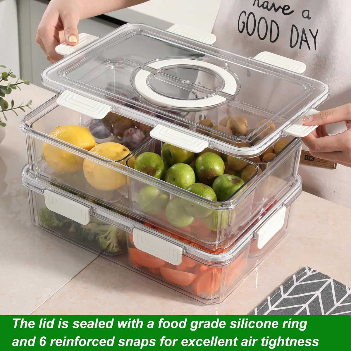 Taiuloo Divided Serving Tray with Lid & Handle, Airtight 4 Compartment Snackle Box Charcuterie