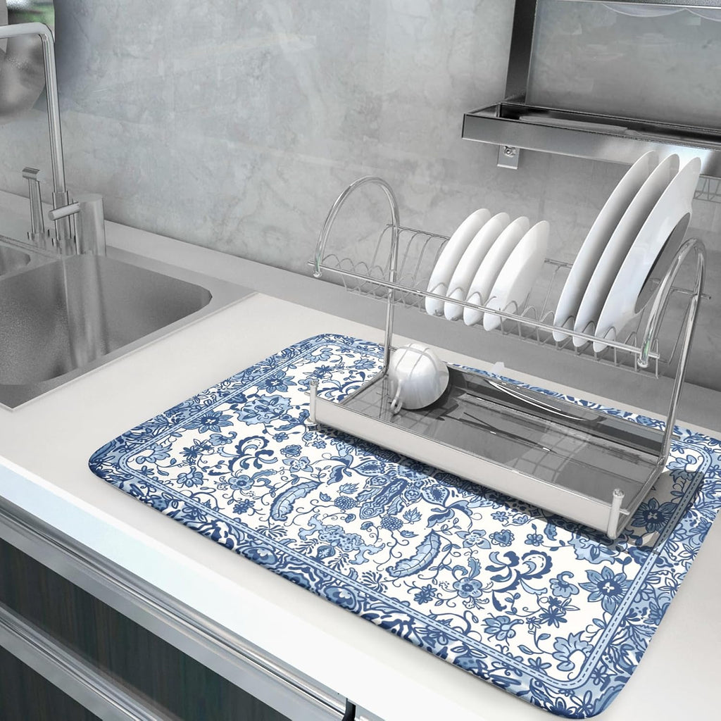 Chinoiserie Floral Dish Drying Mat for Kitchen Counter Blue and White Flowers Pattern Dish Drying