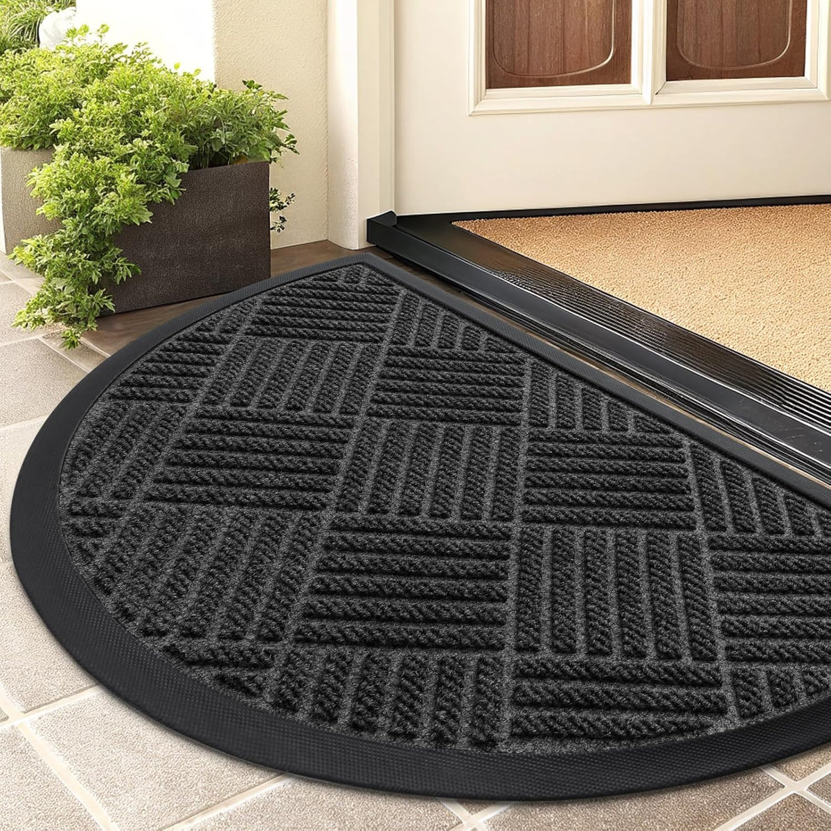 Smiry Half Circle Front Door Mat Outside Entrance, Heavy Duty Outdoor Indoor Natural Rubber