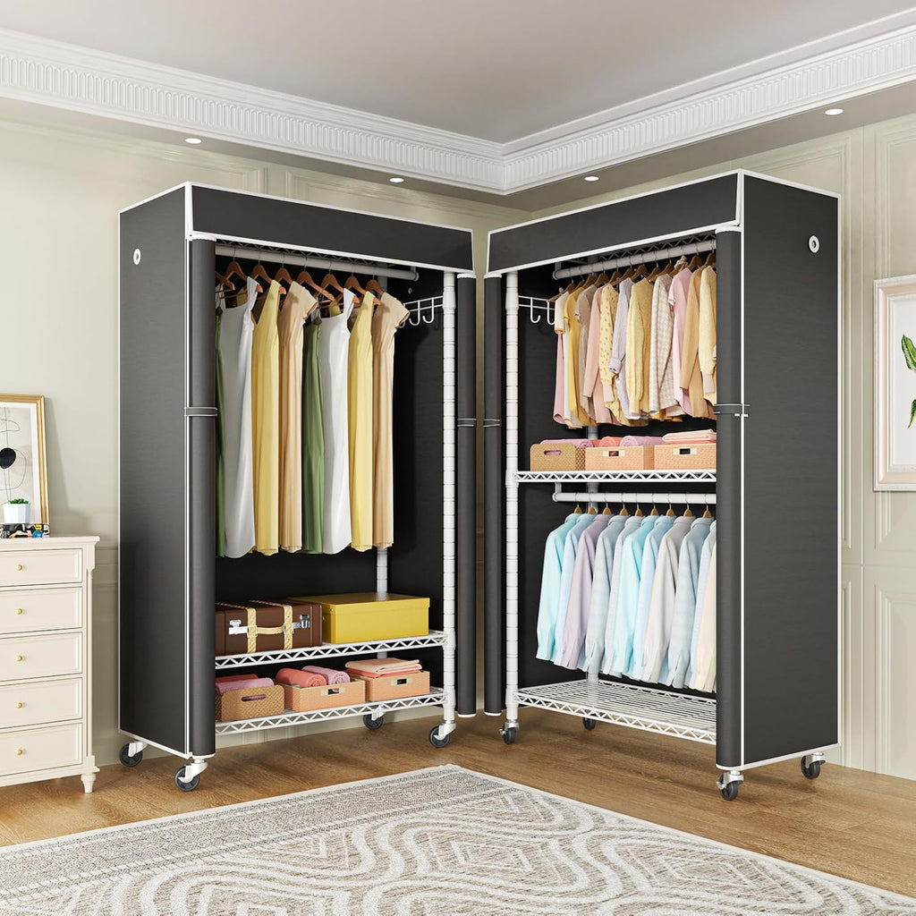 FUTASSI White Clothing Rack with Black Cover, P1C Rolling Closets with Wheels, Metal Garment Rack