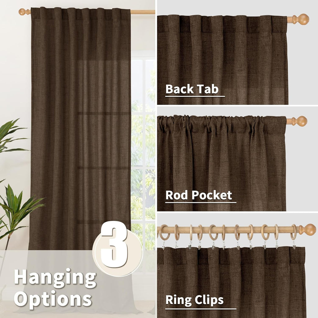 YoungsTex Brown Linen Curtains 84 Inch Length for Living Room, Chocolate Semi Sheer Drapes with