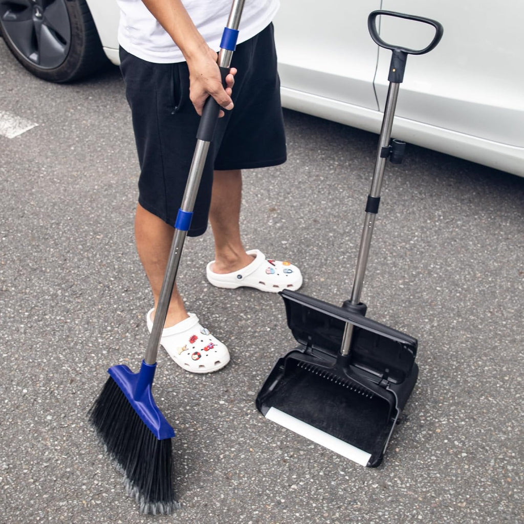 Kefanta Outdoor Heavy Duty 2 Brooms and Dustpan Set with Aluminum Flat Lip for Courtyard Garage