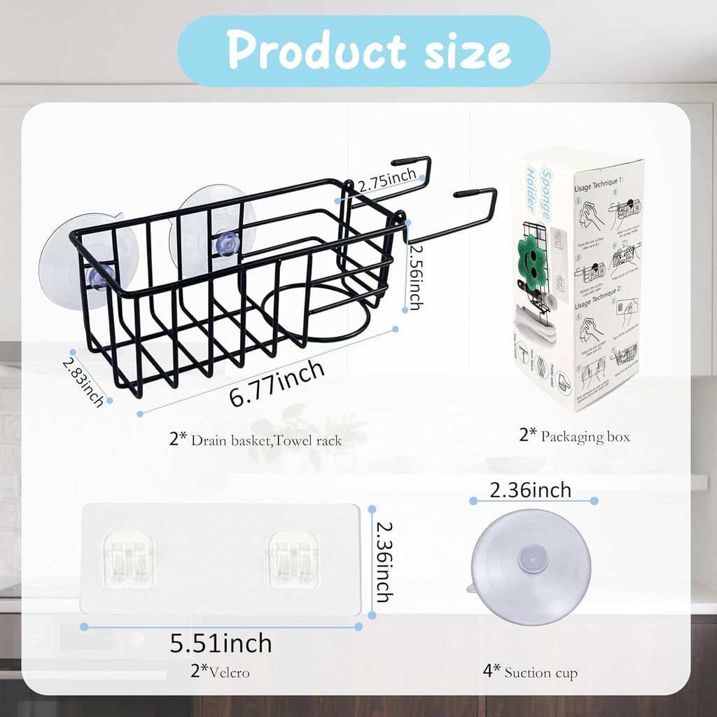 Sponge Holder with Dish Cloth Hanger for Kitchen Sink, in-Sink Caddy Organizer with Suction Cups &