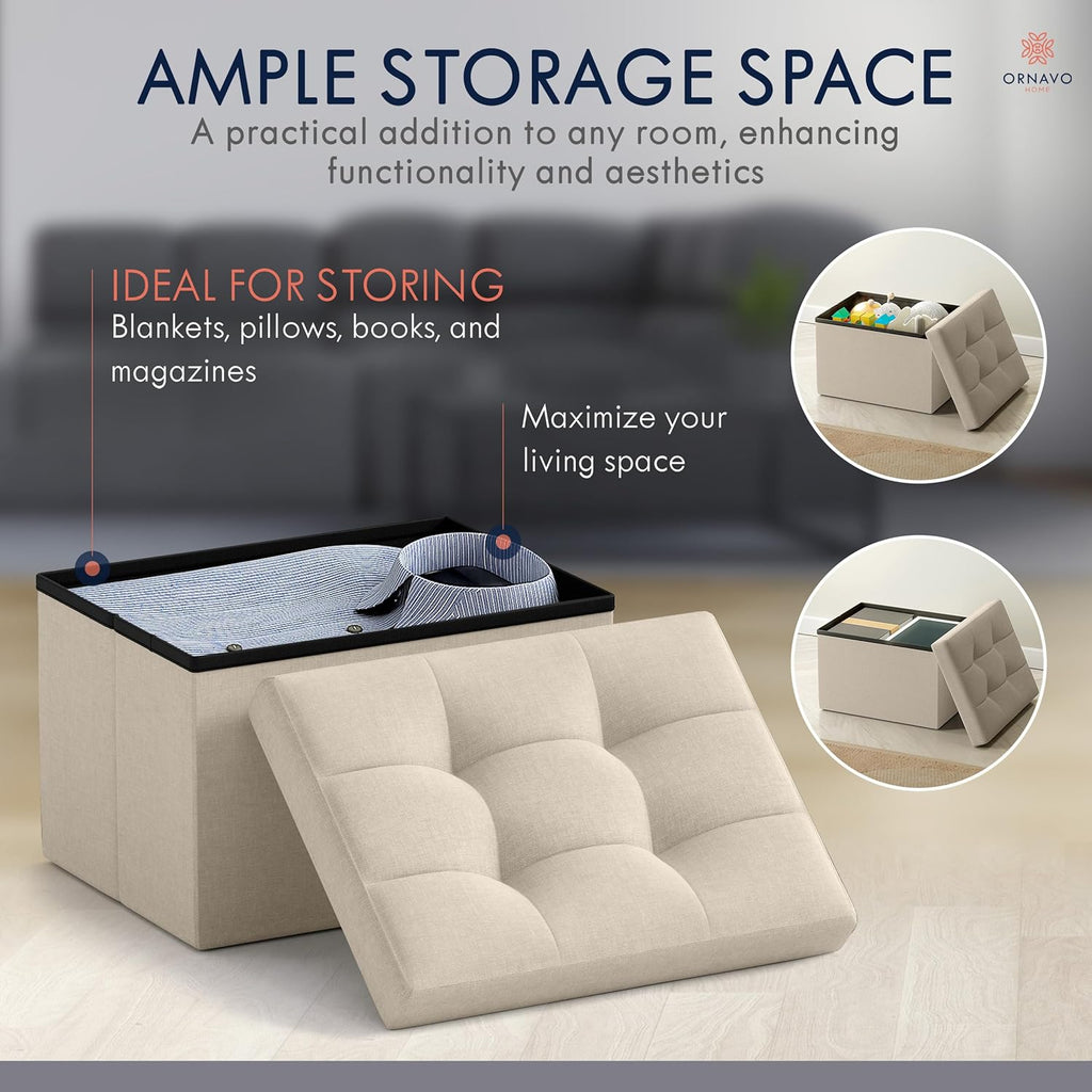 Ornavo Home Small Storage Ottoman Foldable Collapsible Rectangle Linen Ottoman Foot Rest Stool