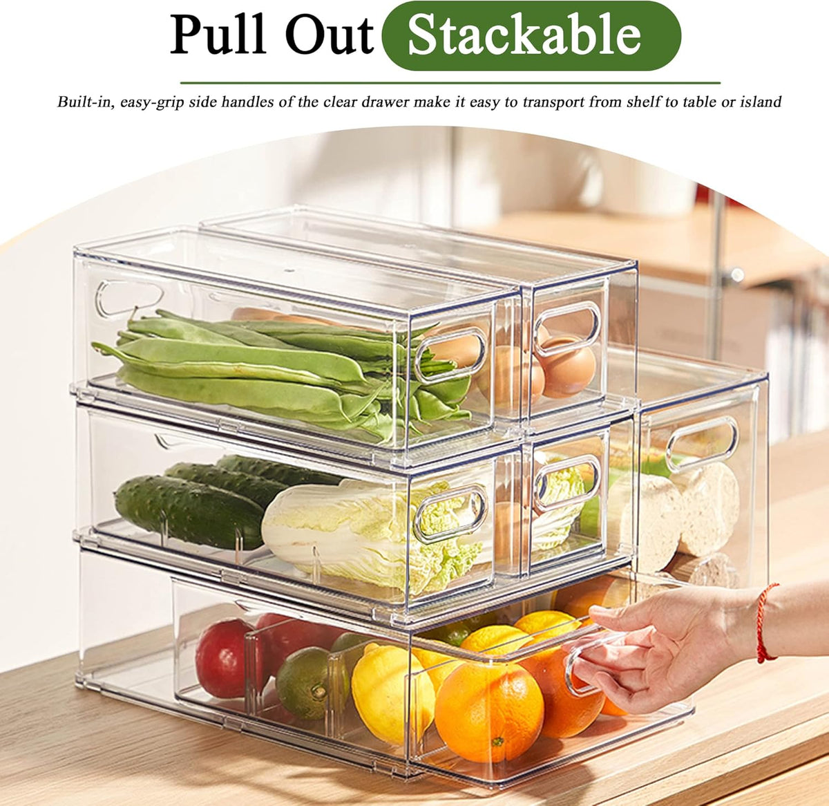 2 Pack Fridge Organizers and Storage with Pull out Drawer, Stackable Storage Drawer, Clear