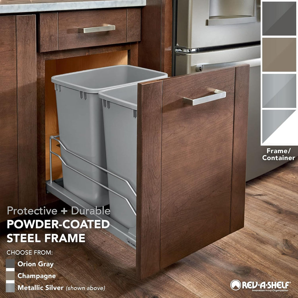 Rev-A-Shelf Double Pullout Trash Cans for Under Kitchen Cabinets 35 Quart 8.75 Gallon with