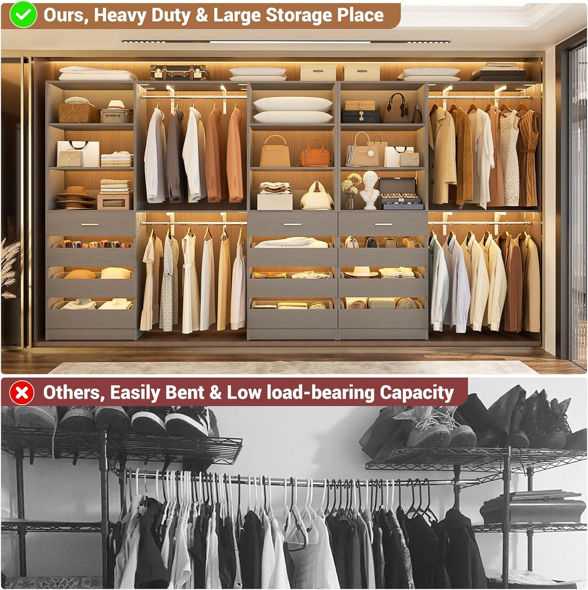 Aheaplus Closet System Set of 3, 138.5" Wood Closet Organizer System Tower with 12 Drawers & 4