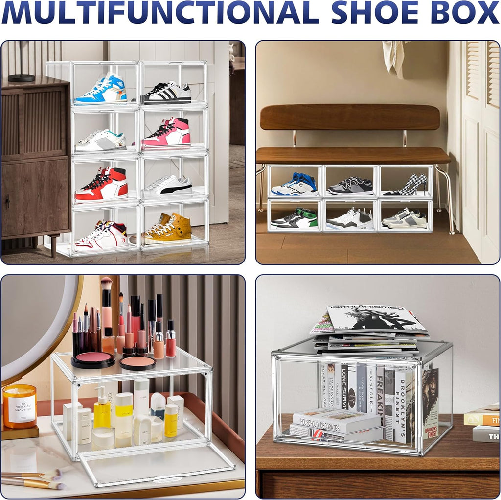 12 Pack Shoe Organizer Clear Plastic Stackable Shoe Storage Boxes with Magnetic Lid Acrylic Display