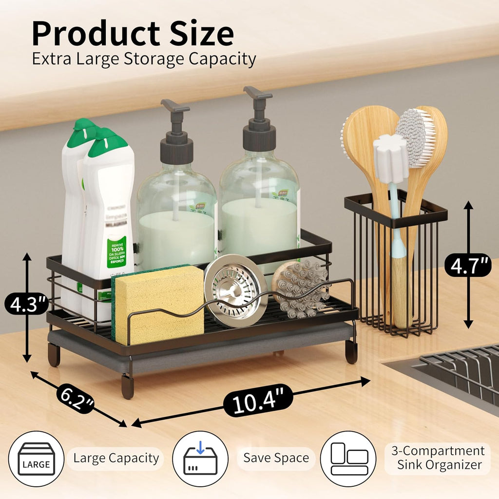 Sink Caddy, Kitchen Sink Organizer with Sponge Holder and Stone Drying Mat, Quick Drying, Stainless