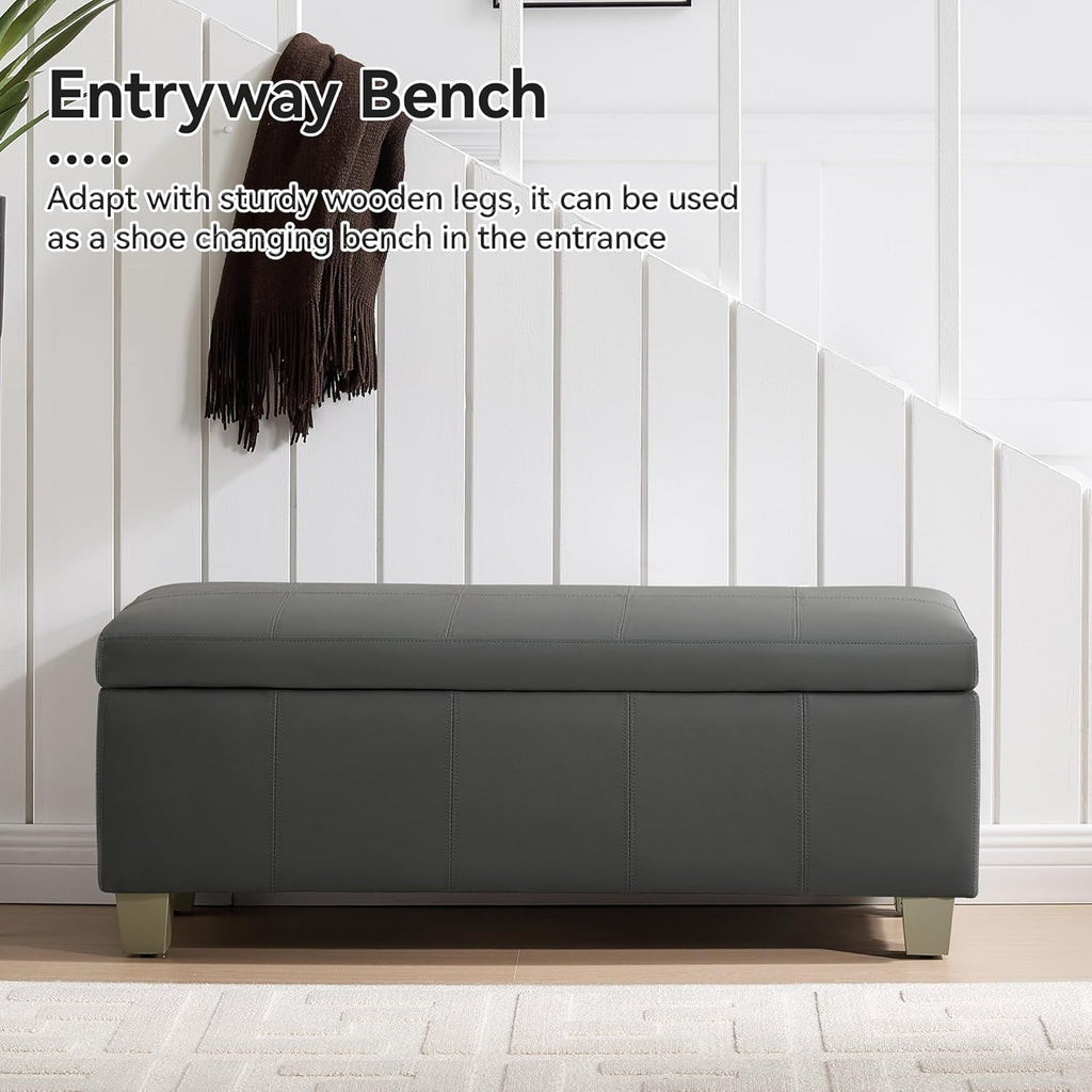 41" Faux Leather Storage Ottoman, Stitch Tufted Rectangle Upholstered End of Bed Storage Bench