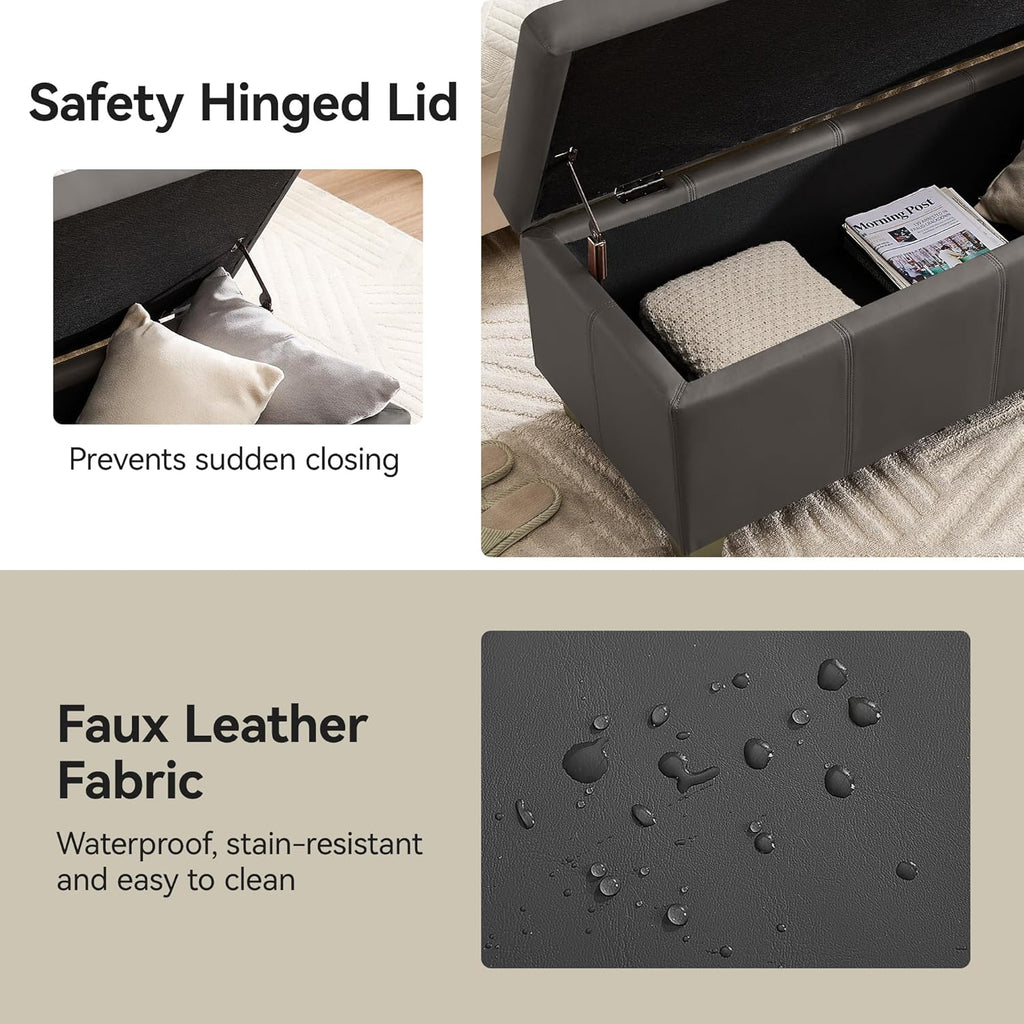 41" Faux Leather Storage Ottoman, Stitch Tufted Rectangle Upholstered End of Bed Storage Bench