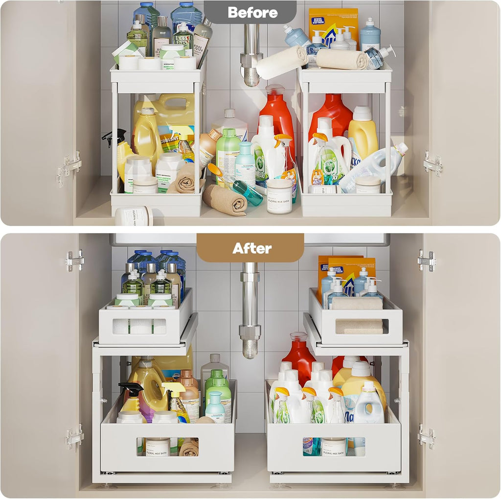 2 Pack 18.5IN-Depth Under Sink Organizer With Next-Gen Ball-Bearing Slides,2-Tier Pull Out Cabinet