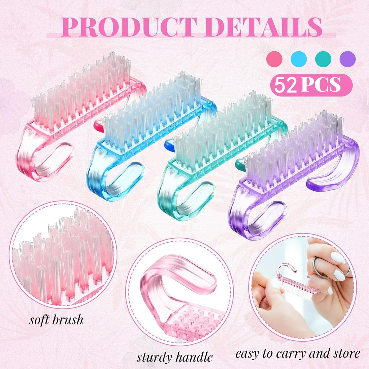 Patelai 100 Pcs Handle Grip Nail Brush Bulk Colorful Nail Scrubber Cleaner Fingernail Brushes Hand