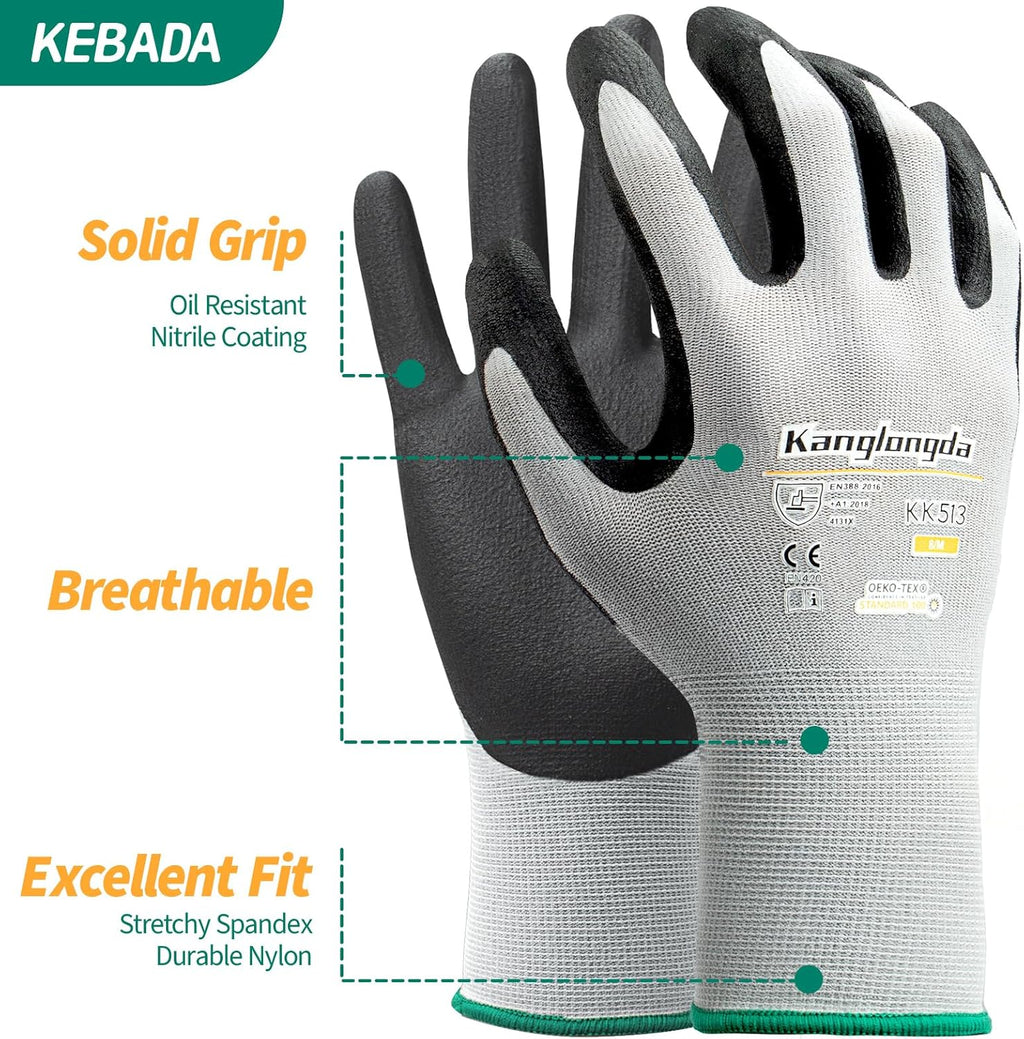 6-Paris Medium Work Gloves for Men and Women, Nitrile Coated Safety Protective Gloves with Grip