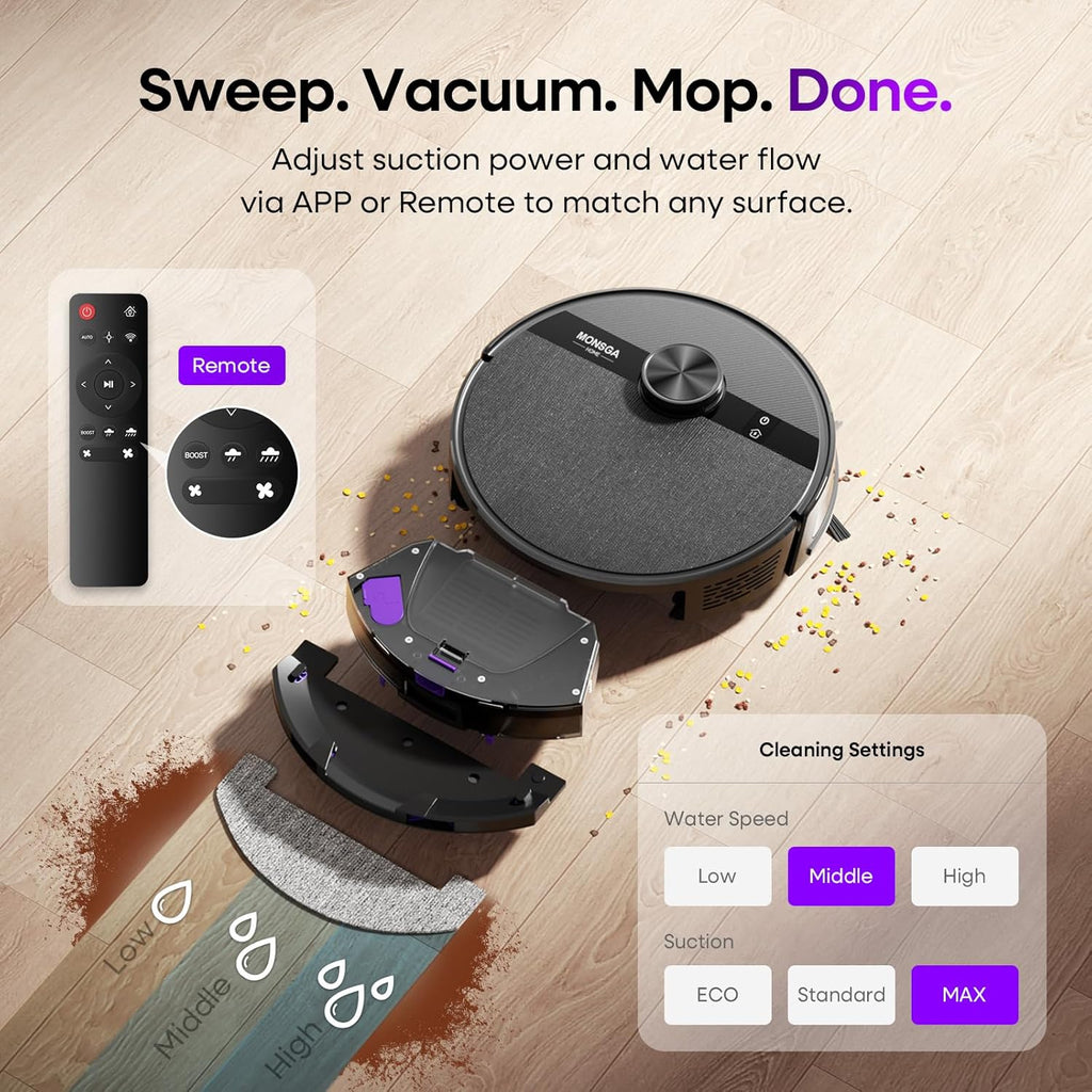 MONSGA Robot Vacuum and Mop Combo, 5000Pa Robotic Vacuum with Lidar Navigation, 180mins Runtime