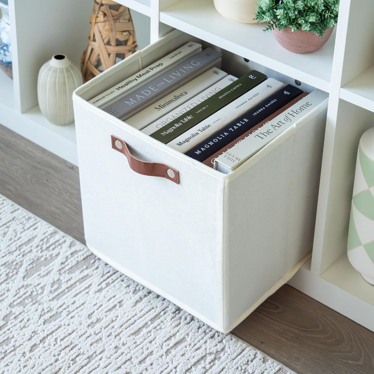 OrganiHaus White 12x12 Fabric Storage Bins - Set of 4, Cube Fabric Organizer Bins with Vegan