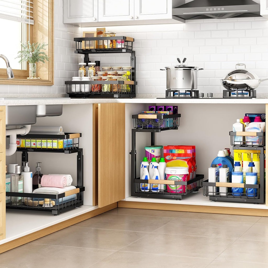 PXRACK 2 PACK Under Sink Organizer,Adjustable Height,2 Tier Pull Out Under Cabinet