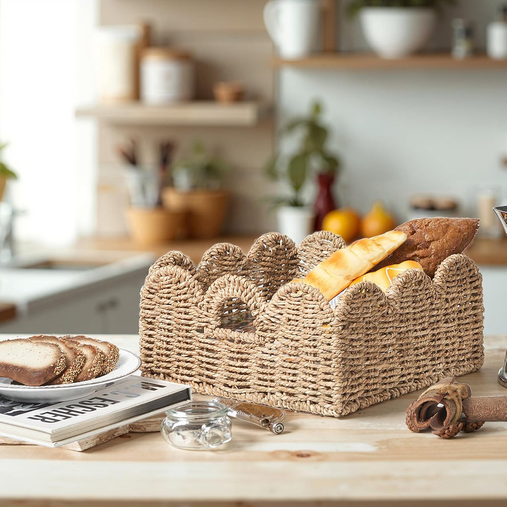 Scalloped Basket 2 Pack Wicker & Rattan Storage with Built-in Handles, Decorative Woven Seagrass