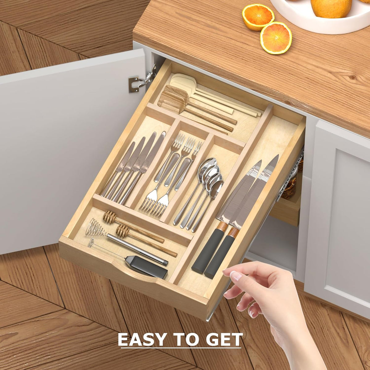 WelFurGeer Premium Wooden Silverware Organizer for Kitchen Drawers, Utensil Tray for Kitchen