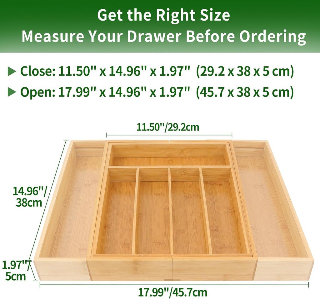 VaeFae Bamboo Drawer Organizer, Expandable Silverware Drawer Organizer, Cutlery Tray with Dividers
