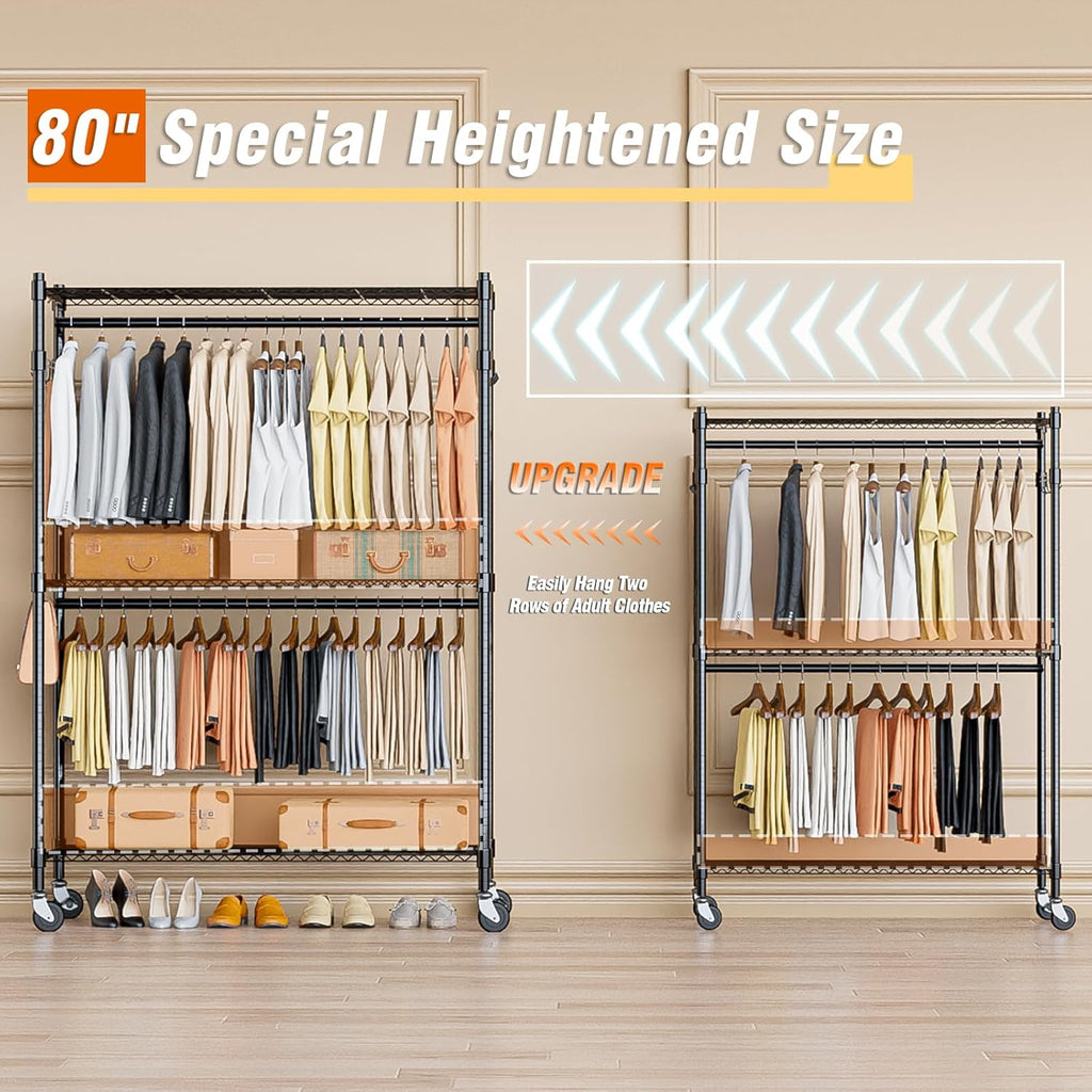 Homdox 3 Tier Heavy Duty Garment Rack with Wheels, Adjustable Wire Clothes Rack with Double Hanging