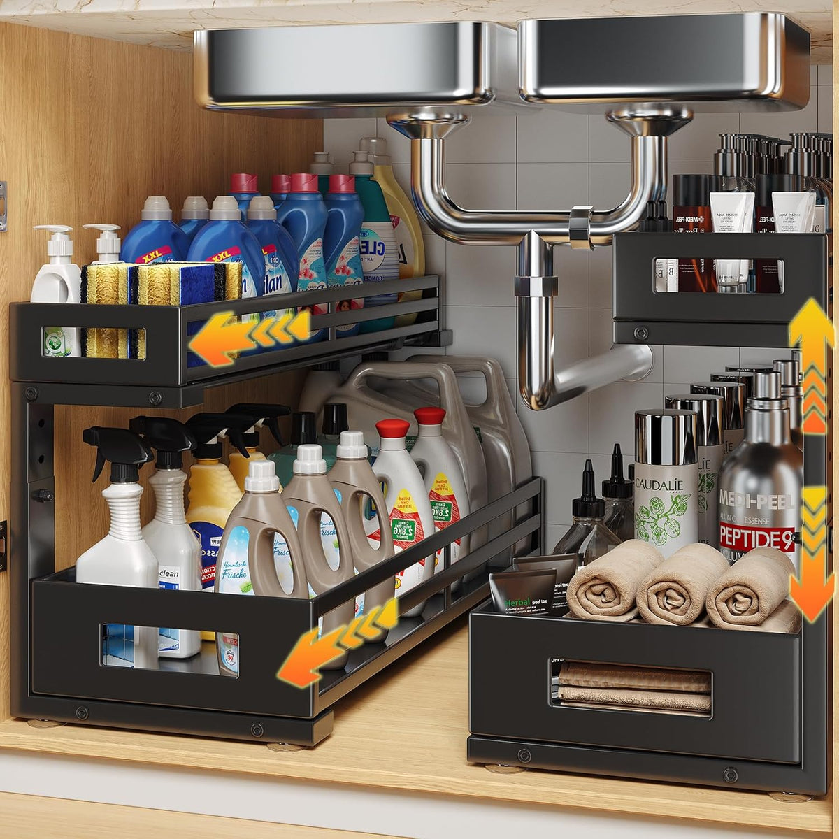 2-Pack 20.47"Deep Under Sink Organizer And Storage,2-Tier L-Shaped Pull Out Cabinet Organizer with